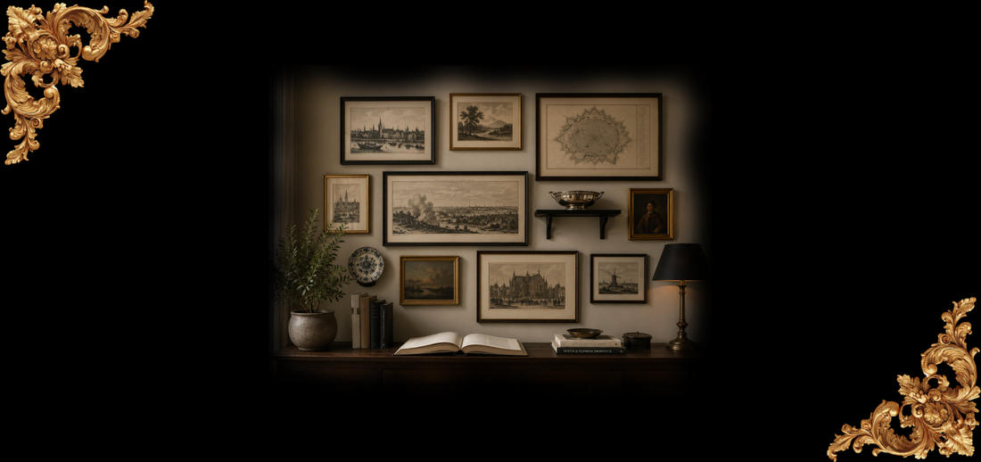 Moderne gallery wall met een mix van antieke gravures, etsen en schilderijen van Antiekhuys, sfeervolle wanddecoratie met karakter en geschiedenis.