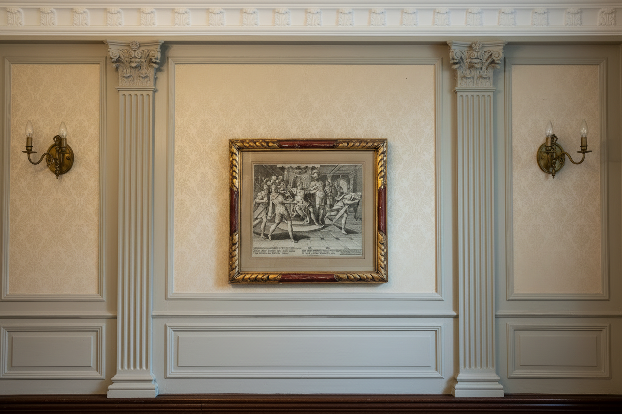 16e-eeuwse Meesterprent – Marten de Vos – David heuchelt waanzin voor Koning Achis