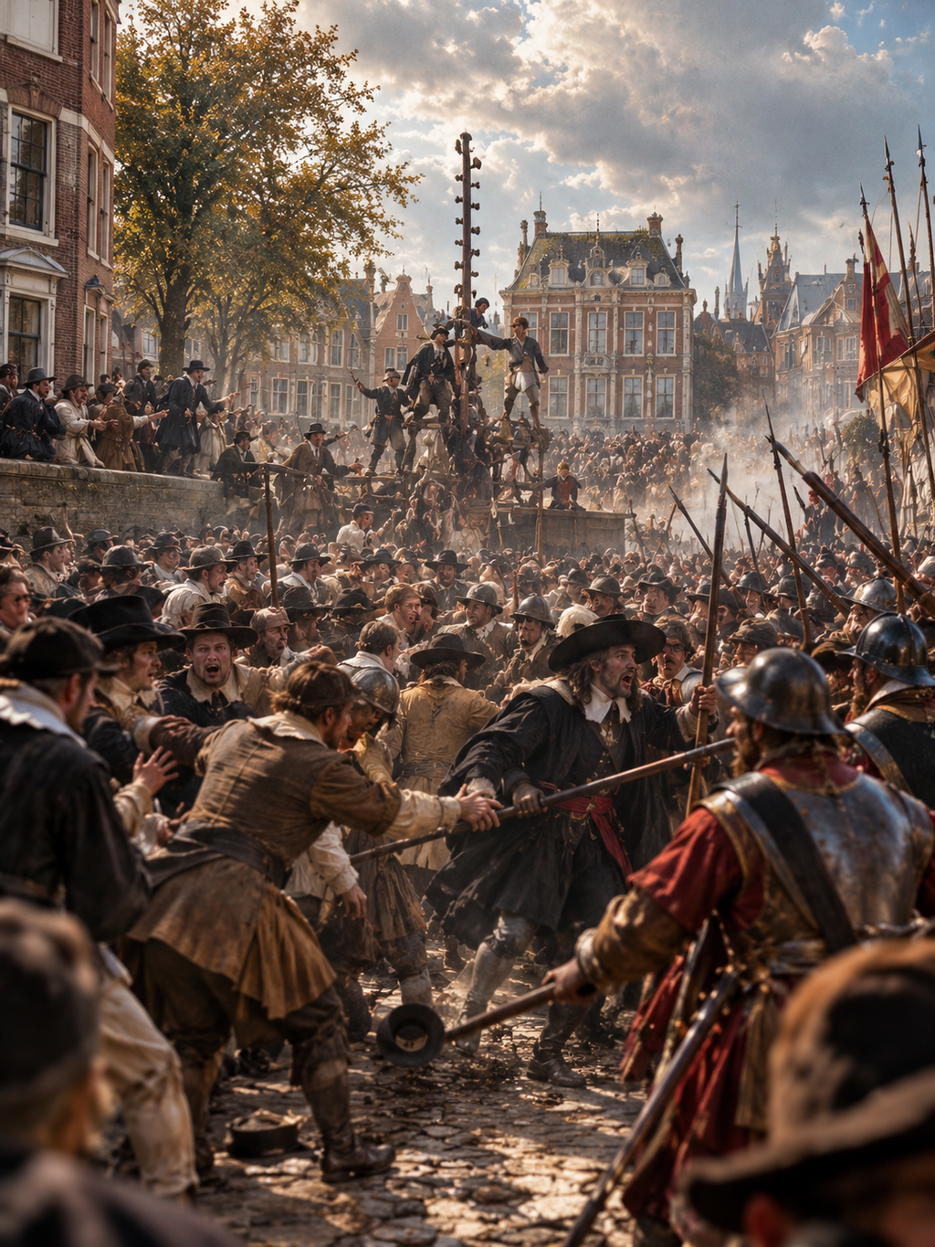 Gravure met drukke slagscène: soldaten, banners en menigte op straat