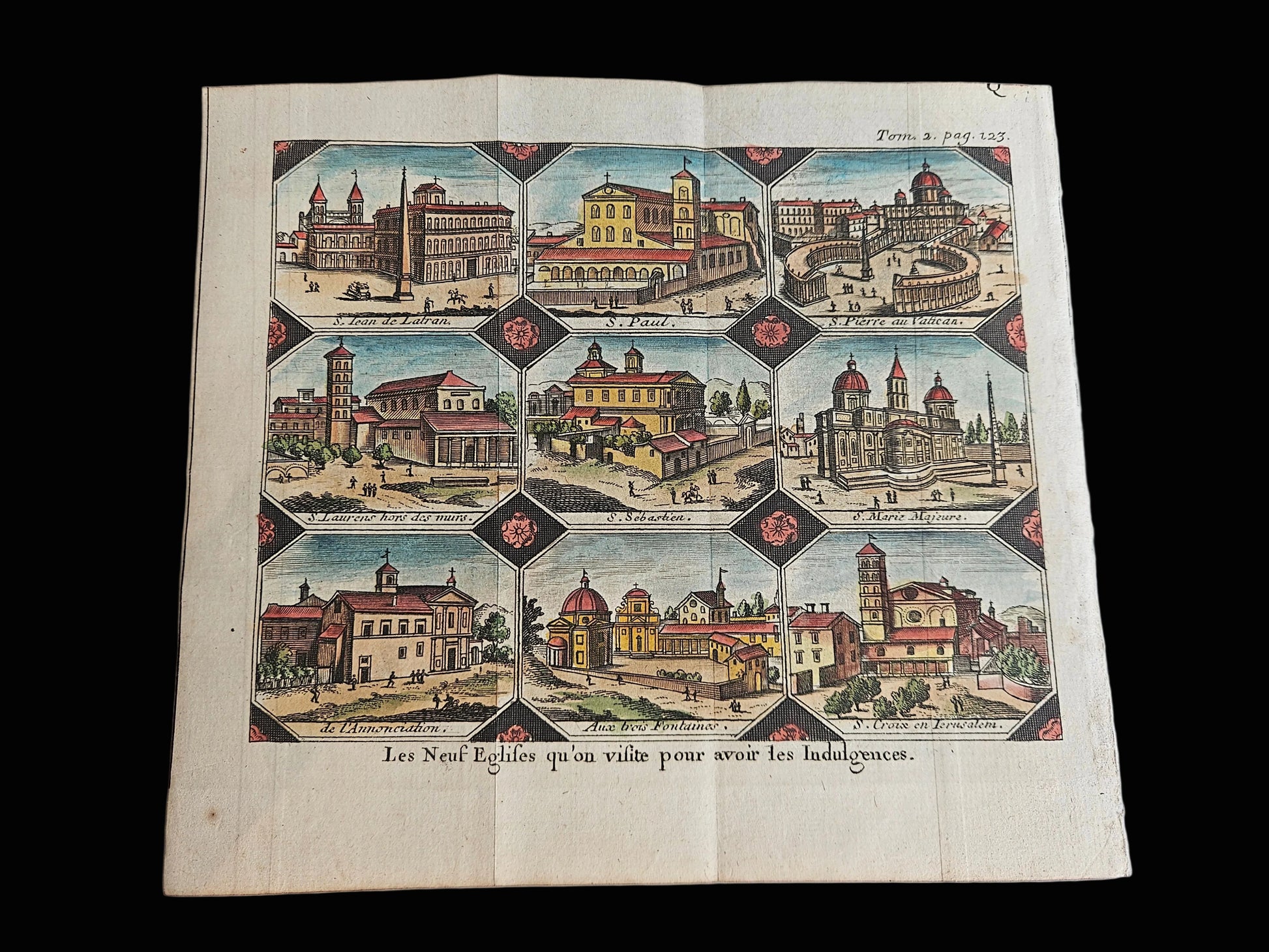 18e-eeuwse handgekleurde gravure – Les Neuf Églises de Rome – Alexandre de Rogissart