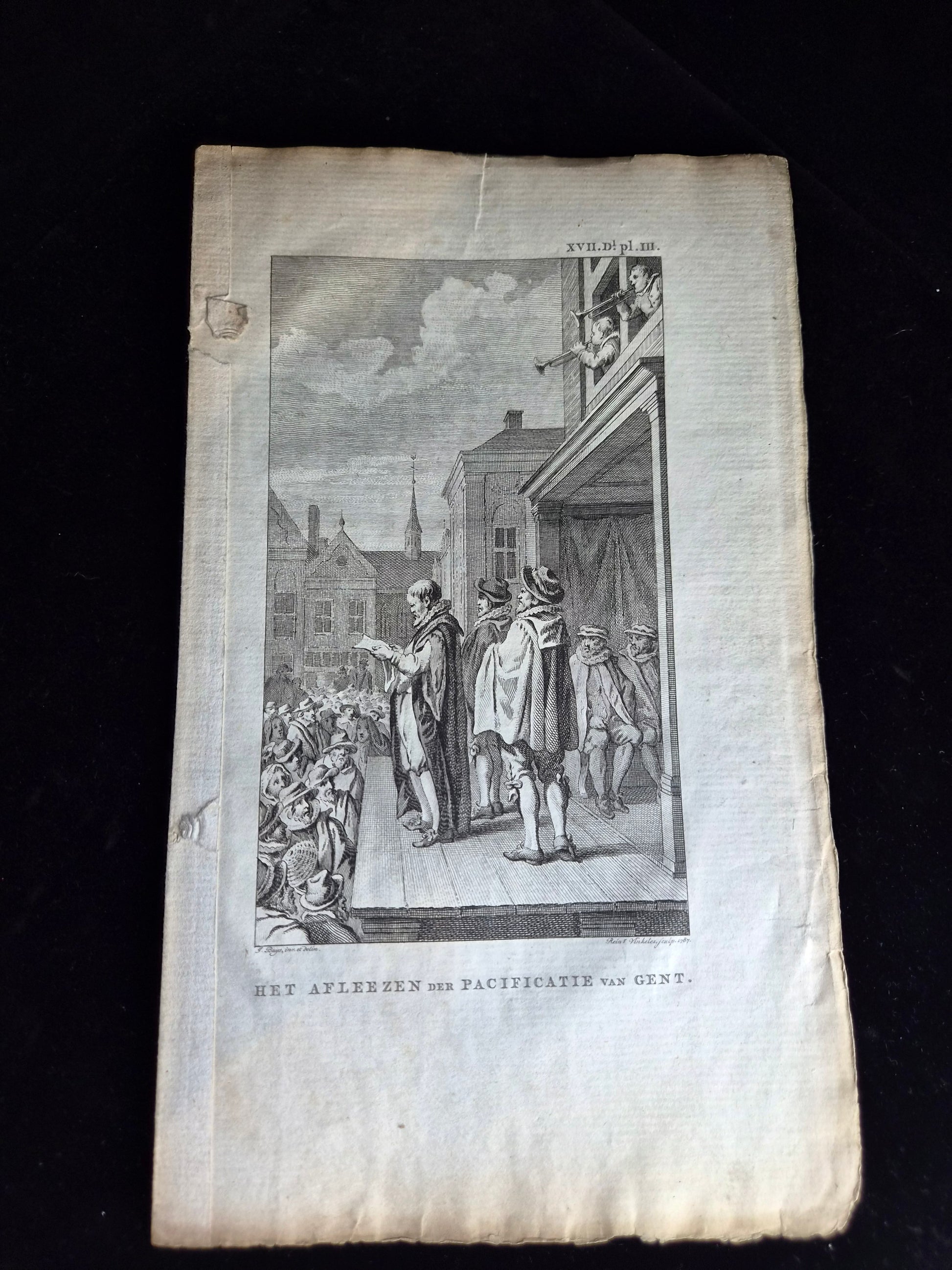 18e-eeuwse kopergravure “Het Aflezen der Pacificatie van Gent” – Reinier Vinkeles – 1787