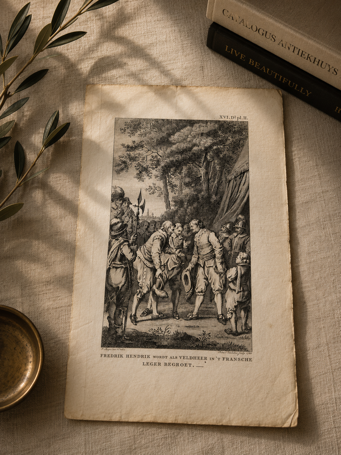 18e-eeuwse kopergravure “Fredrik Hendrik wordt als veldheer begroet” – Reinier Vinkeles – 1788