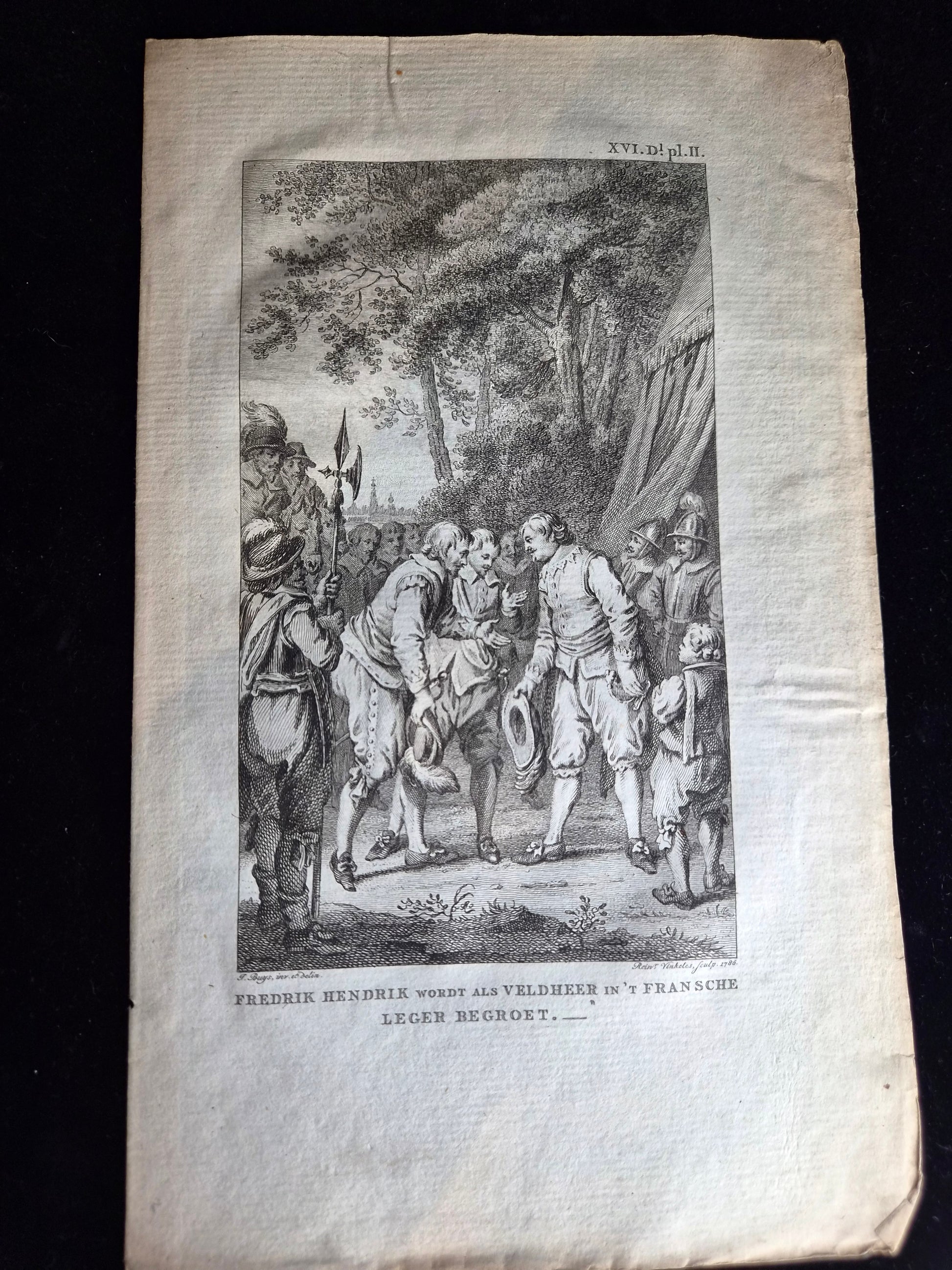 18e-eeuwse kopergravure “Fredrik Hendrik wordt als veldheer begroet” – Reinier Vinkeles – 1788