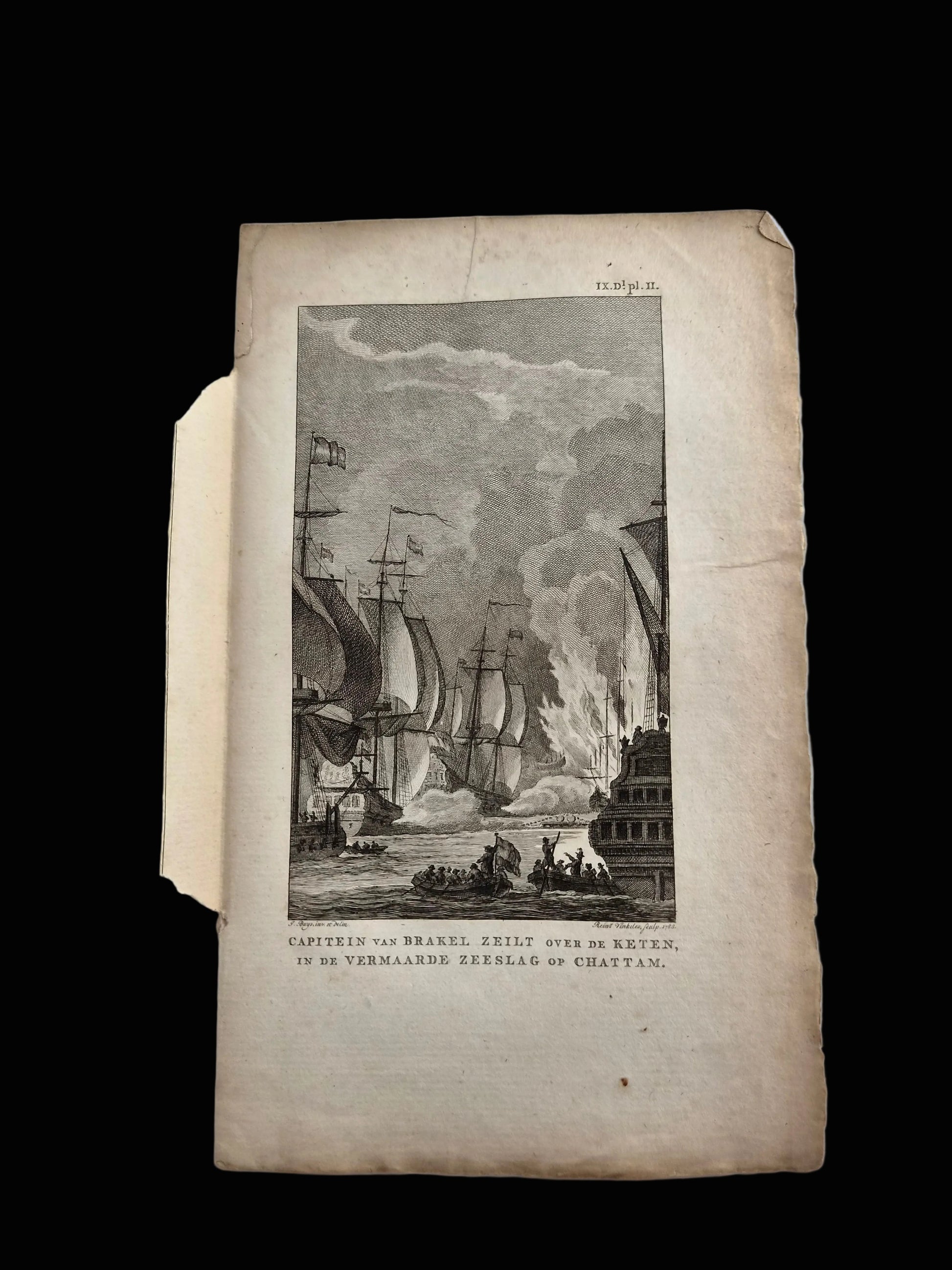 18e-eeuwse kopergravure “Kapitein Van Brakel zeilt over de keten” – Reinier Vinkeles – 1784