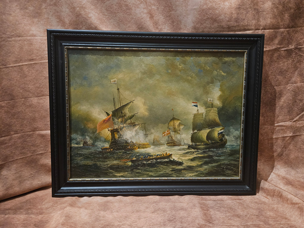 Nederlandse Schepen in 17e-eeuwse Zeeslag - Olieverfschilderij op Paneel – Gesigneerd A. Hess