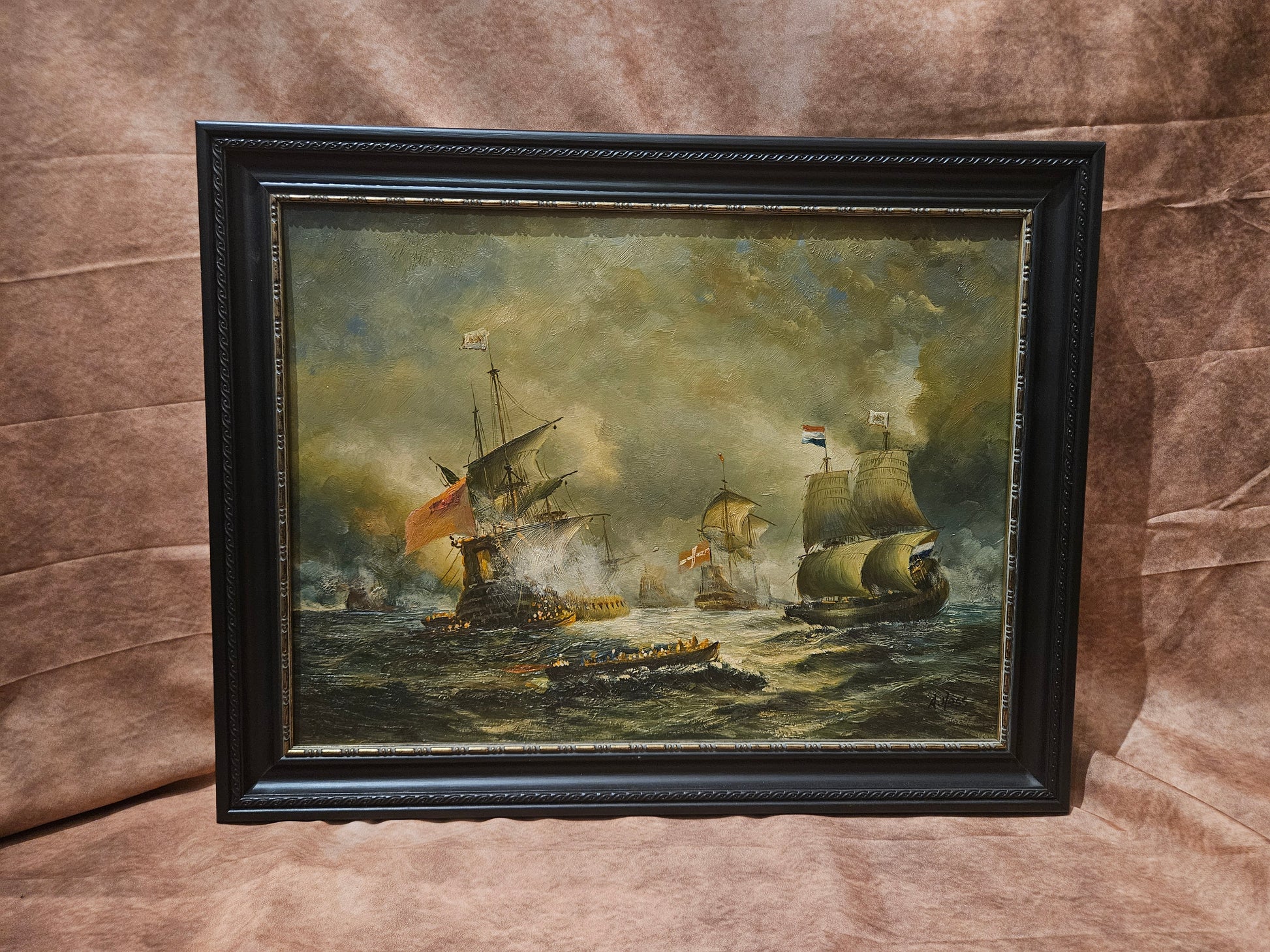 Nederlandse Schepen in 17e-eeuwse Zeeslag - Olieverfschilderij op Paneel – Gesigneerd A. Hess