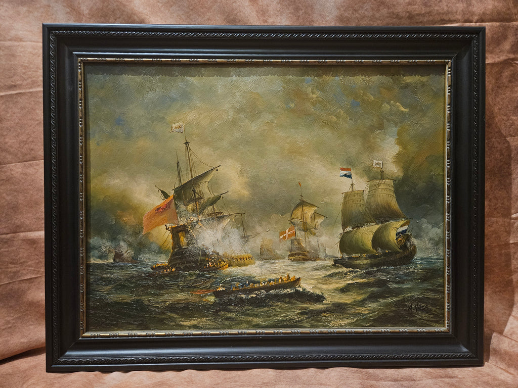 Nederlandse Schepen in 17e-eeuwse Zeeslag - Olieverfschilderij op Paneel – Gesigneerd A. Hess