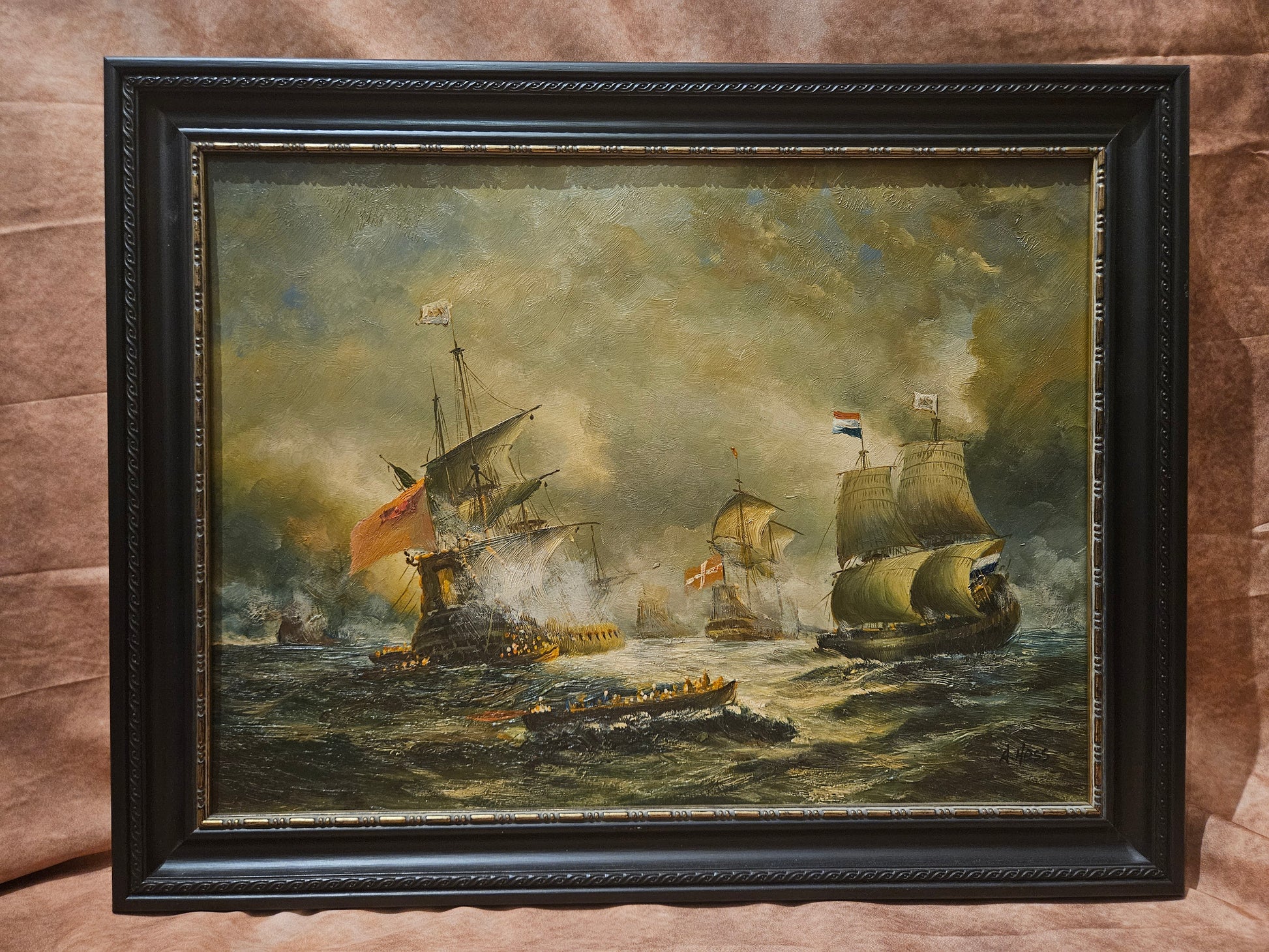 Nederlandse Schepen in 17e-eeuwse Zeeslag - Olieverfschilderij op Paneel – Gesigneerd A. Hess