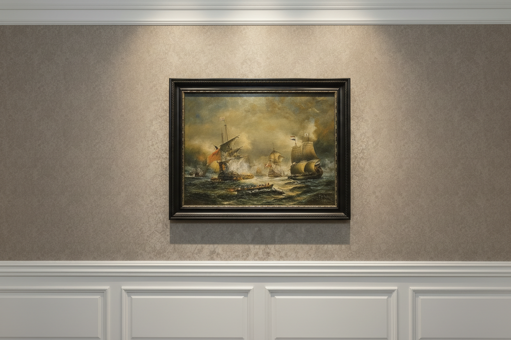 Nederlandse Schepen in 17e-eeuwse Zeeslag - Olieverfschilderij op Paneel – Gesigneerd A. Hess