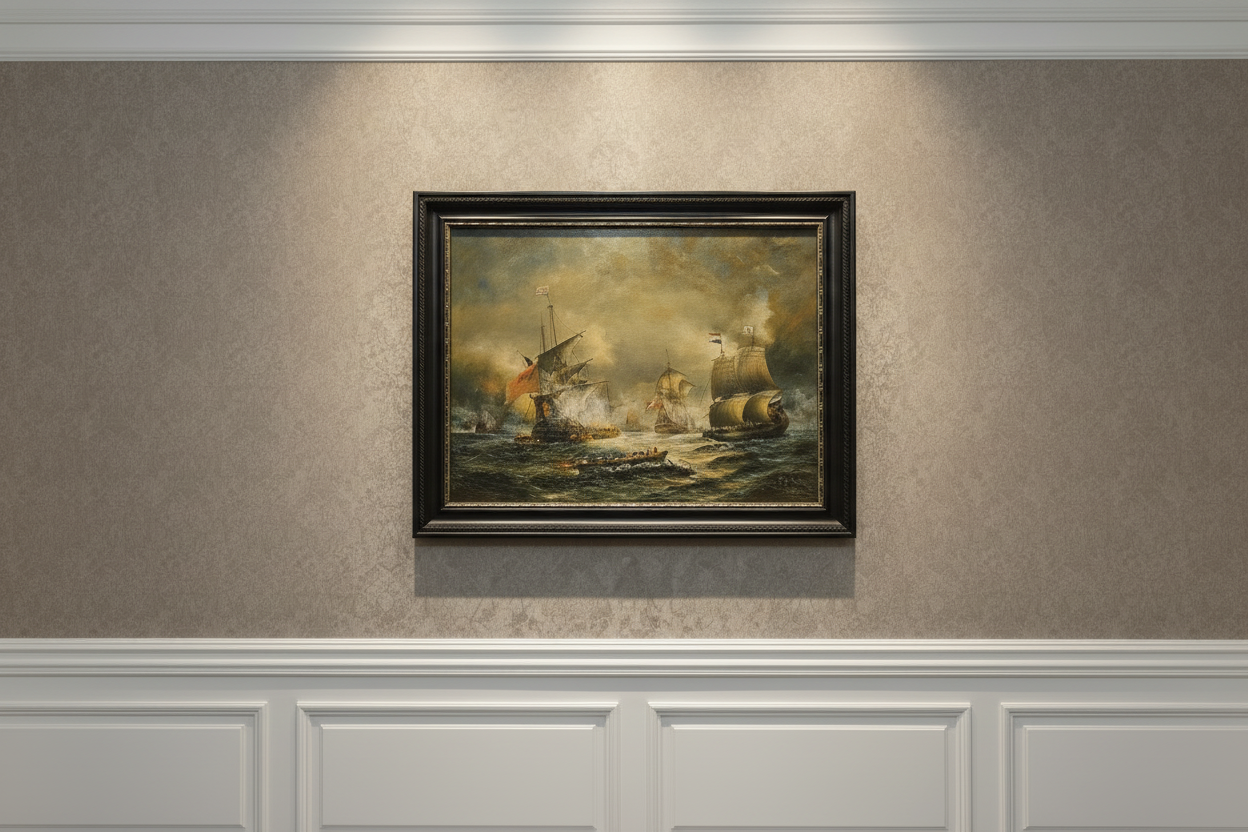 Nederlandse Schepen in 17e-eeuwse Zeeslag - Olieverfschilderij op Paneel – Gesigneerd A. Hess