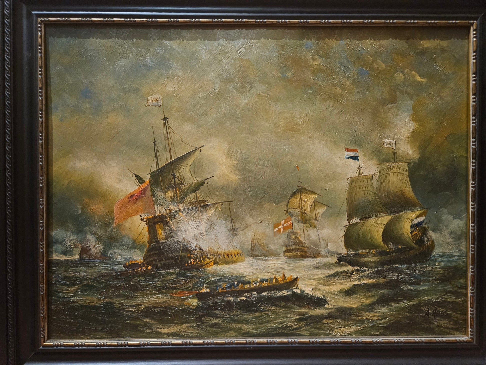 Nederlandse Schepen in 17e-eeuwse Zeeslag - Olieverfschilderij op Paneel – Gesigneerd A. Hess