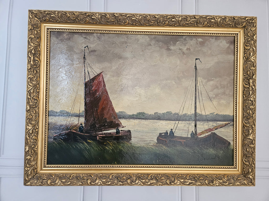 Olieverfschilderij op Paneel – Hollandse School – Vissersboten in Rietkraag