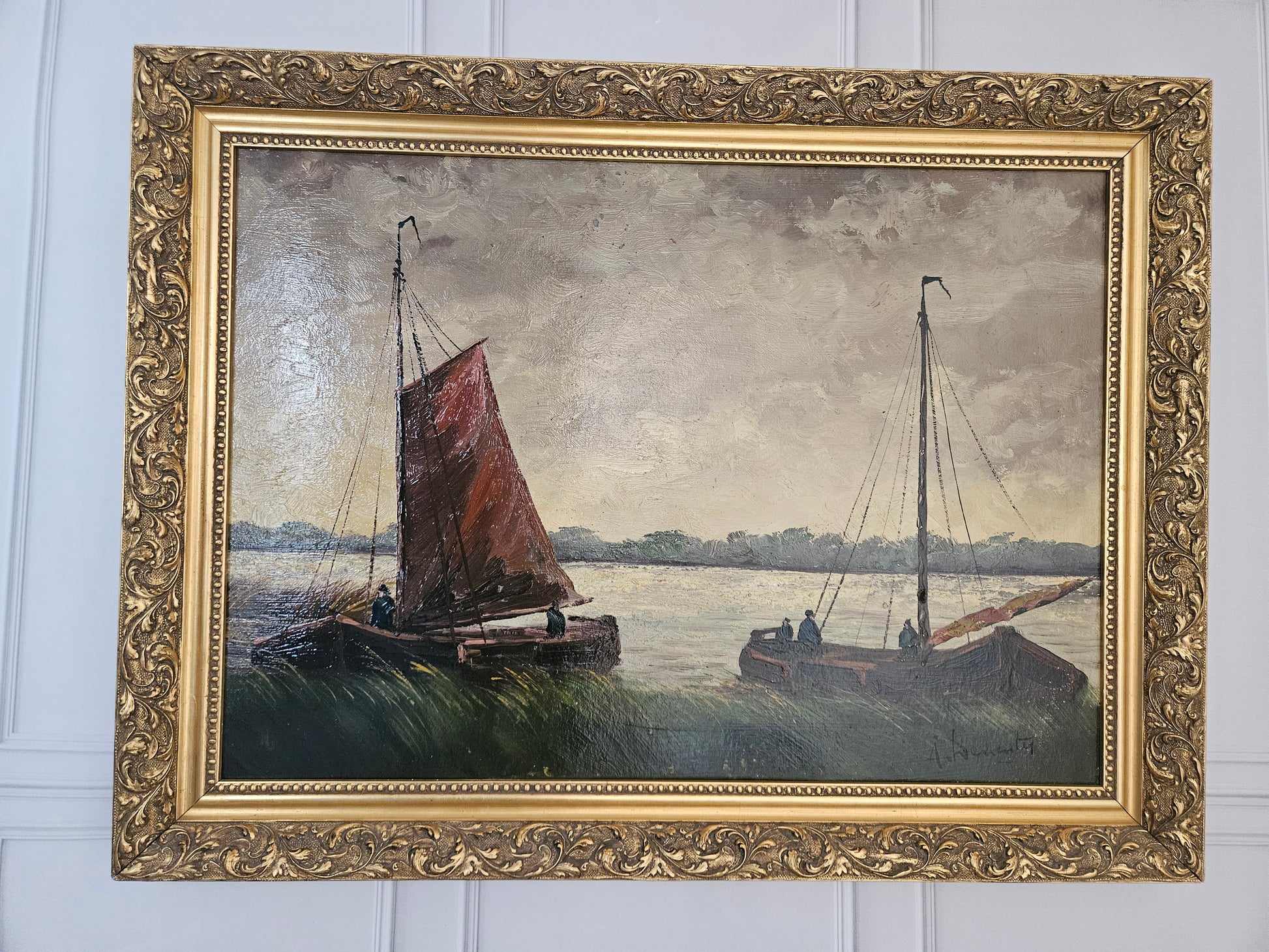 Olieverfschilderij op Paneel – Hollandse School – Vissersboten in Rietkraag