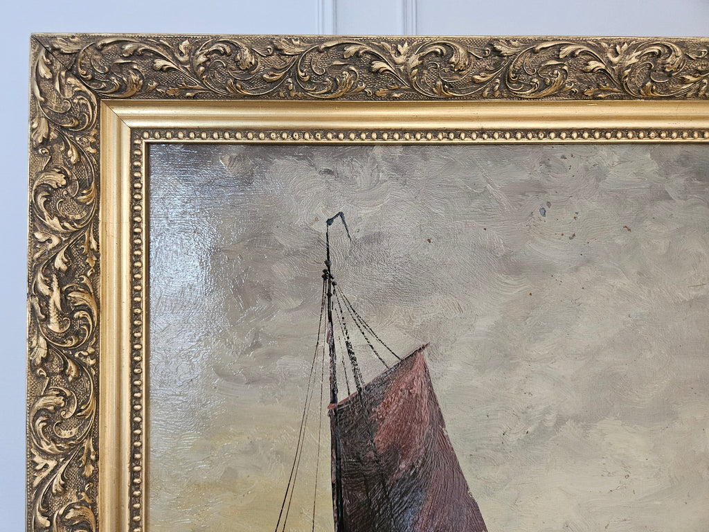 Olieverfschilderij op Paneel – Hollandse School – Vissersboten in Rietkraag