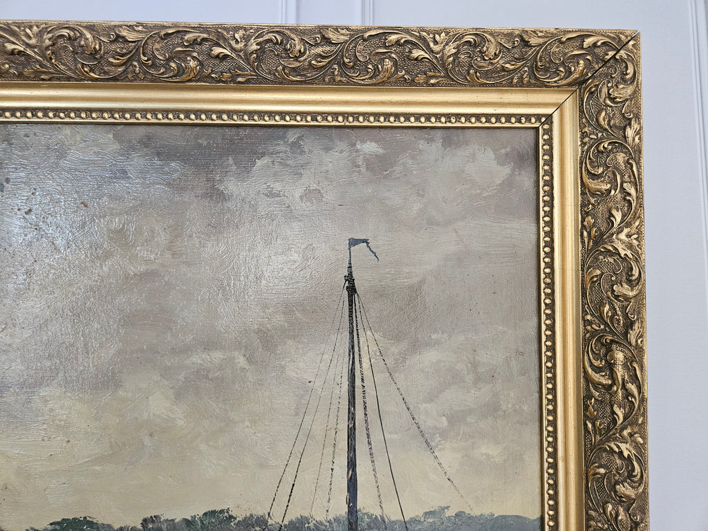 Olieverfschilderij op Paneel – Hollandse School – Vissersboten in Rietkraag