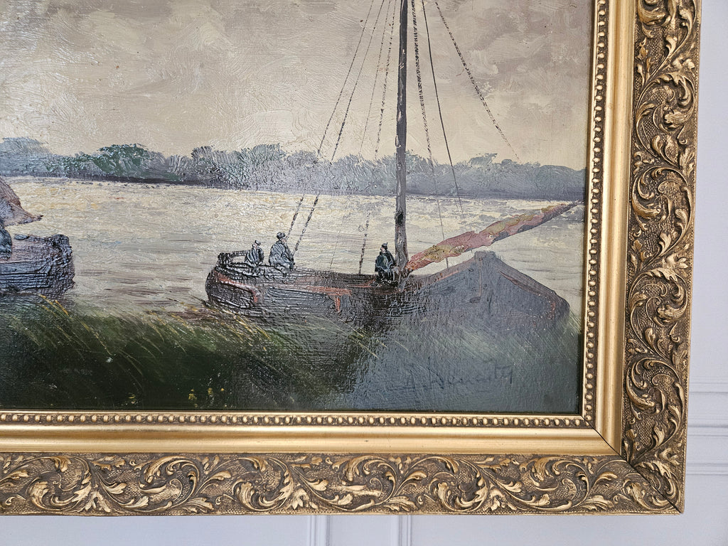 Olieverfschilderij op Paneel – Hollandse School – Vissersboten in Rietkraag