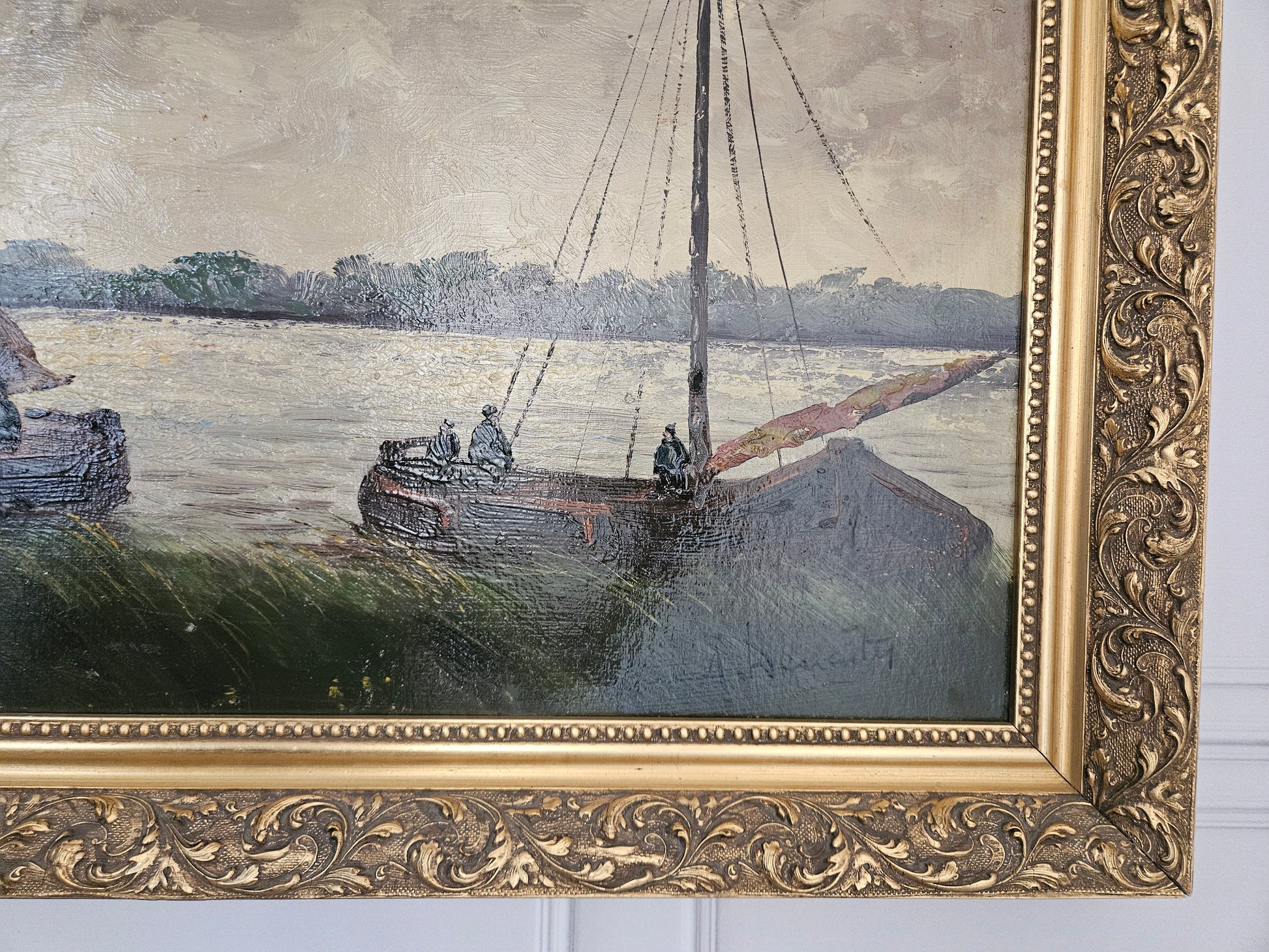 Olieverfschilderij op Paneel – Hollandse School – Vissersboten in Rietkraag