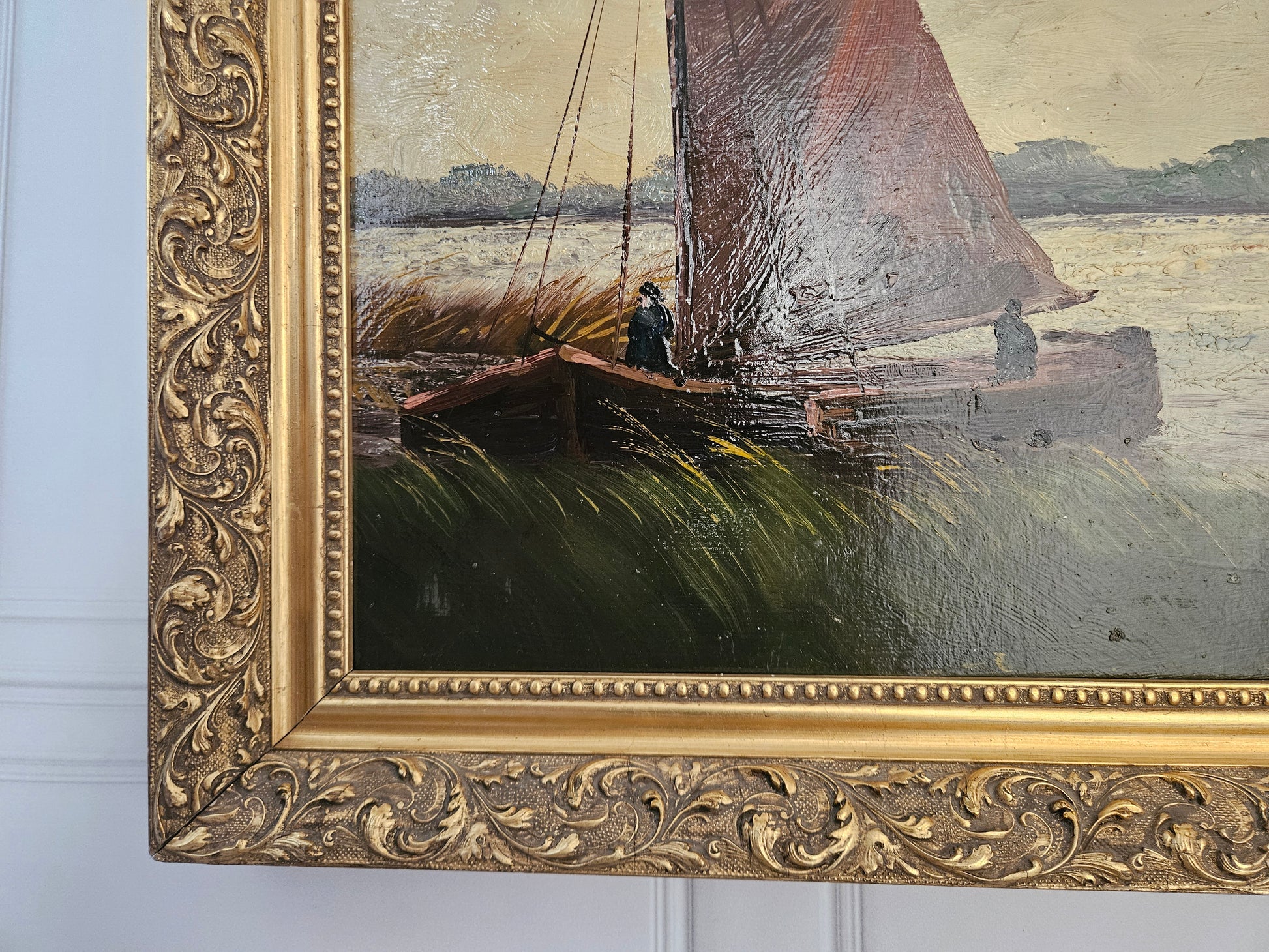 Olieverfschilderij op Paneel – Hollandse School – Vissersboten in Rietkraag