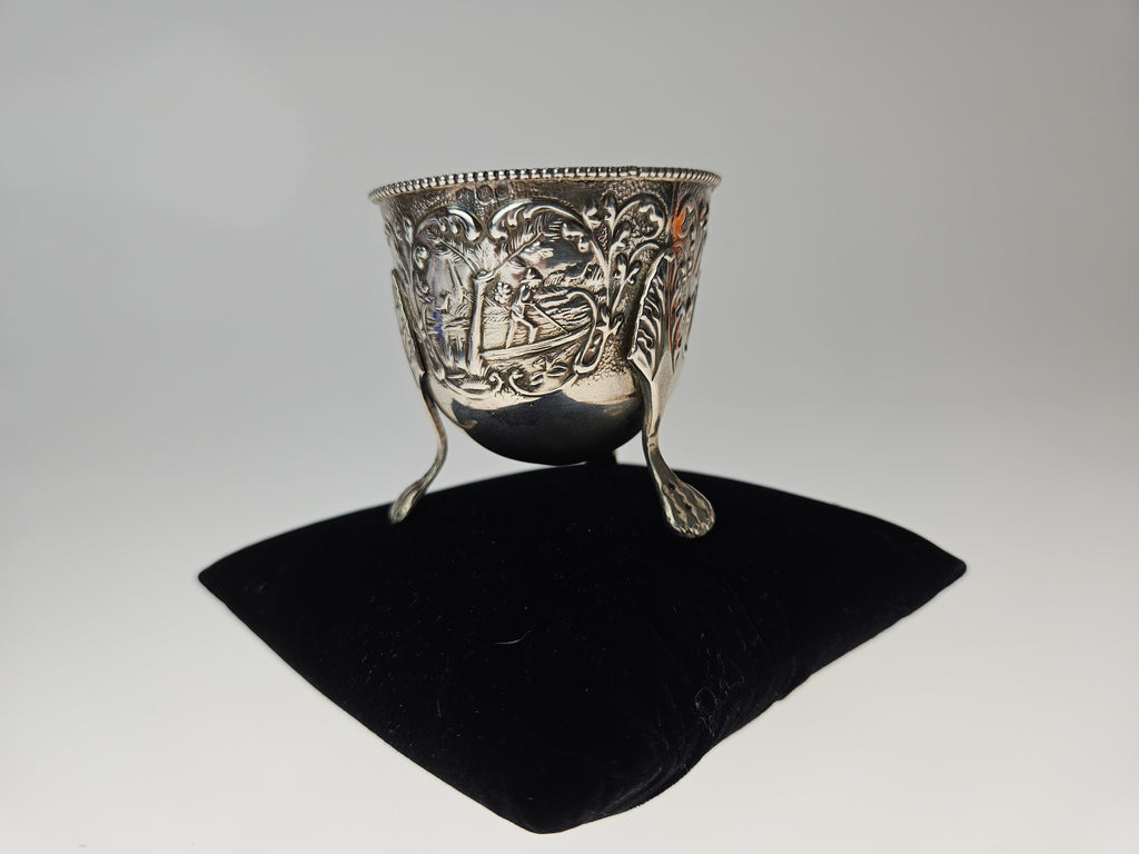 Antiek Zilveren Zoutvaatje met Kobaltblauw Glas - Ornate Driepoot