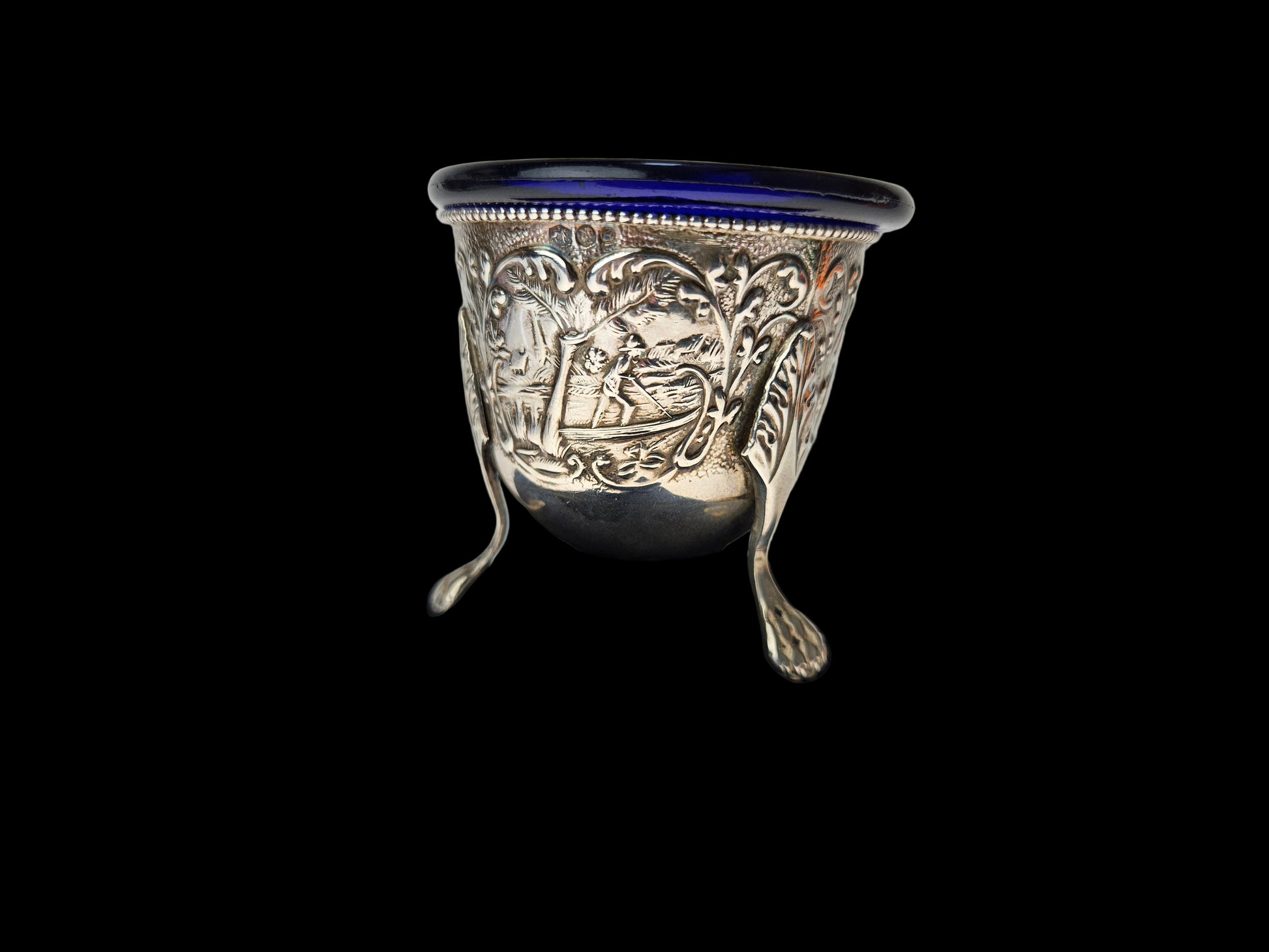 Antiek Zilveren Zoutvaatje met Kobaltblauw Glas - Ornate Driepoot