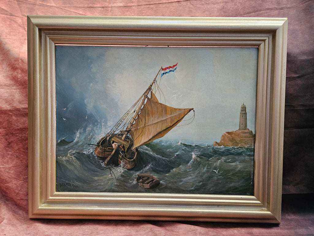 "Nederlandse Vissersboot in Ruwe Zee" – Jan van de Meer – 1994 – Olieverf op paneel