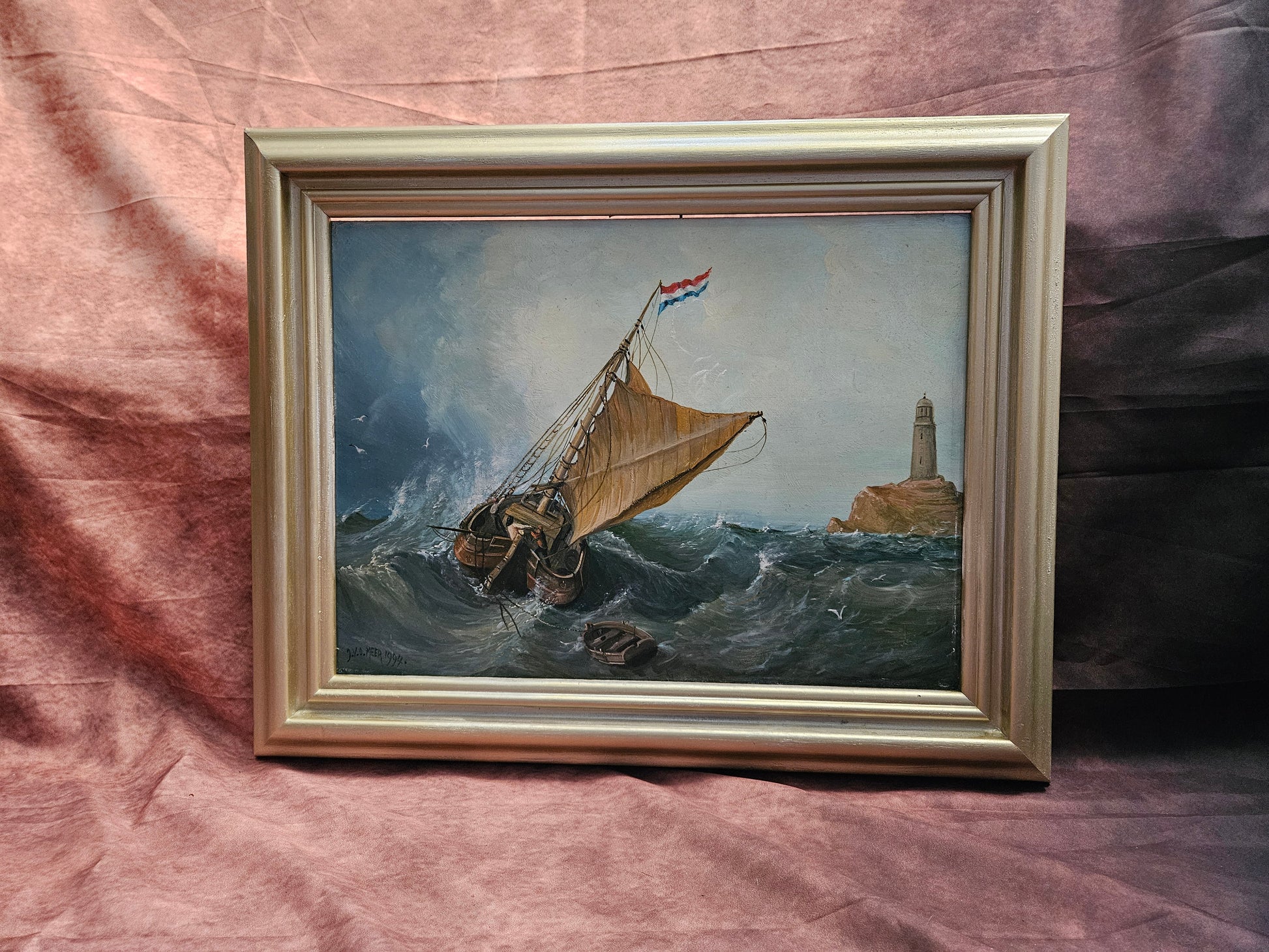 "Nederlandse Vissersboot in Ruwe Zee" – Jan van de Meer – 1994 – Olieverf op paneel