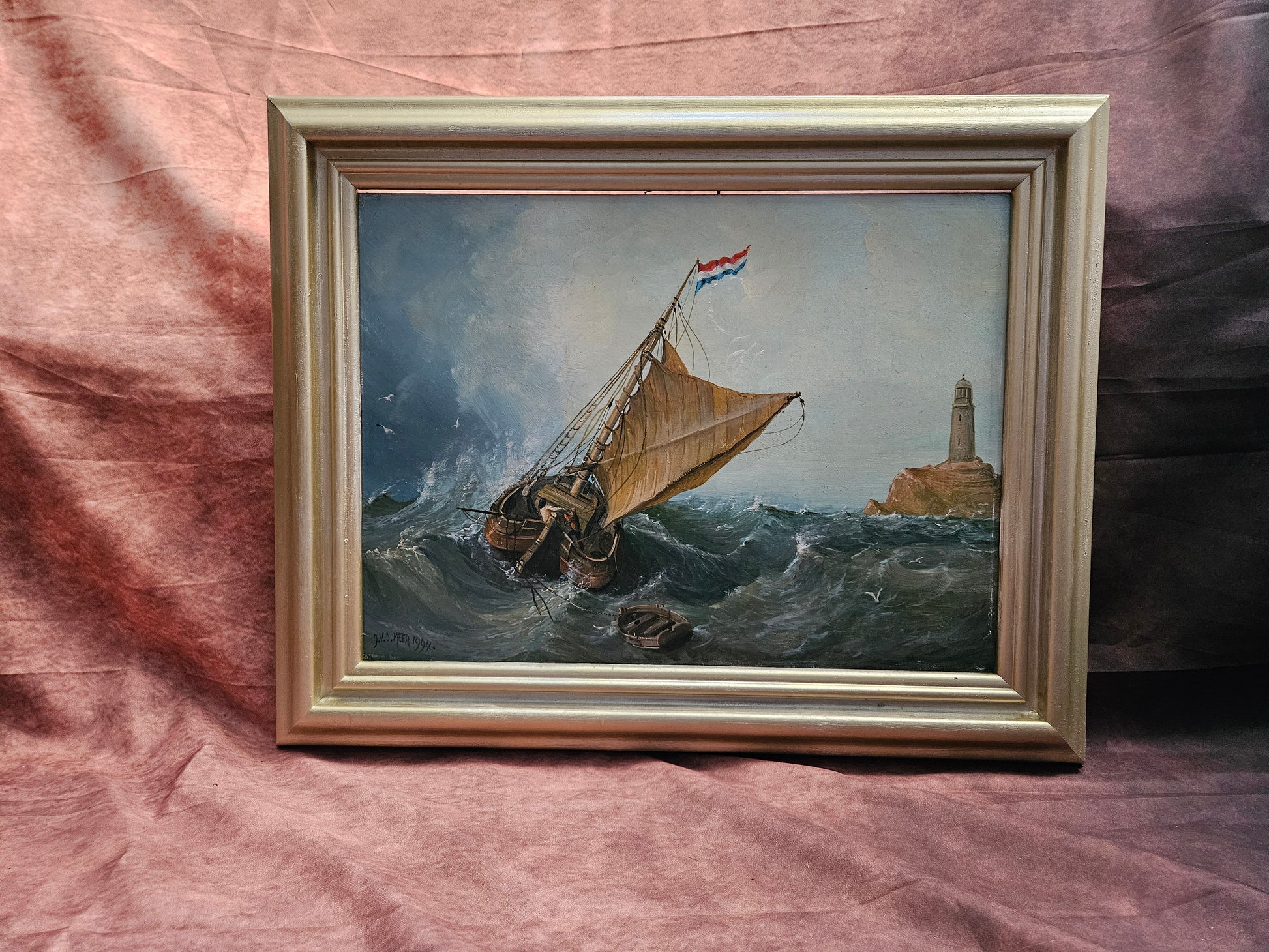 "Nederlandse Vissersboot in Ruwe Zee" – Jan van de Meer – 1994 – Olieverf op paneel