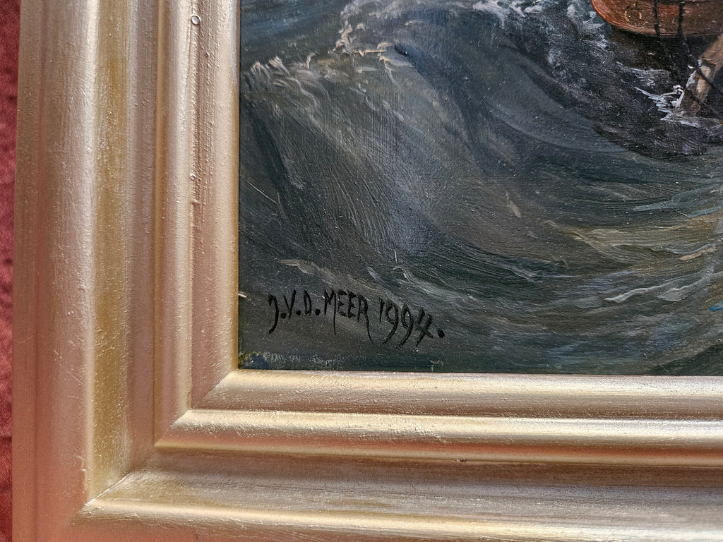 "Nederlandse Vissersboot in Ruwe Zee" – Jan van de Meer – 1994 – Olieverf op paneel