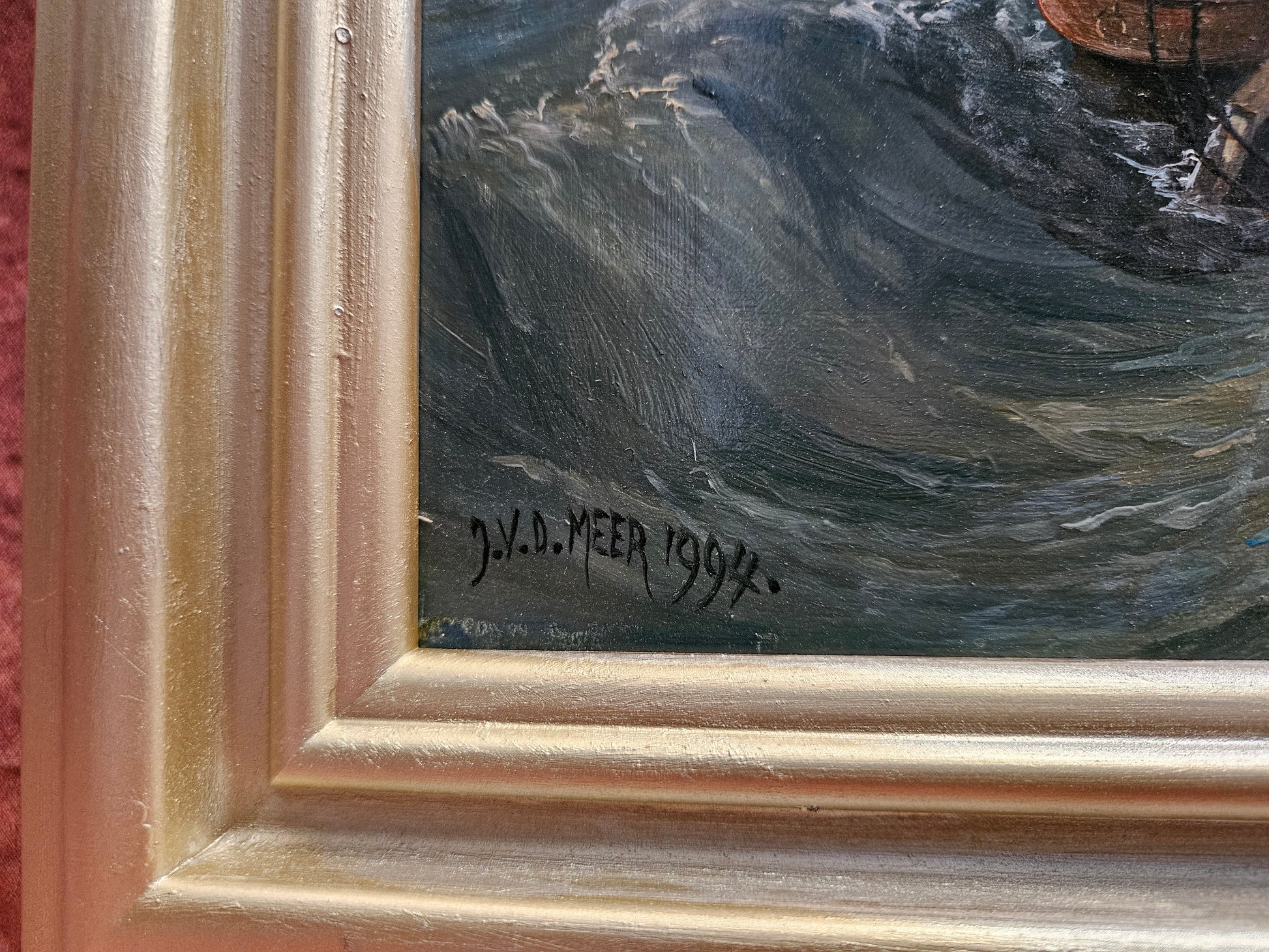 "Nederlandse Vissersboot in Ruwe Zee" – Jan van de Meer – 1994 – Olieverf op paneel