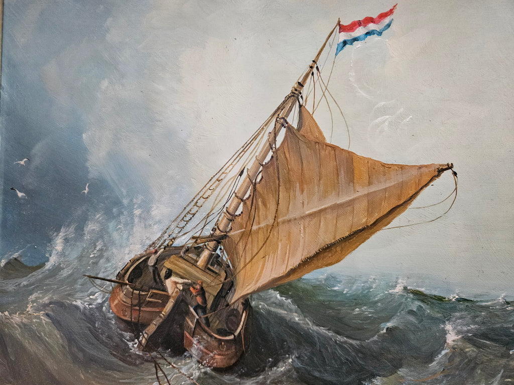 "Nederlandse Vissersboot in Ruwe Zee" – Jan van de Meer – 1994 – Olieverf op paneel