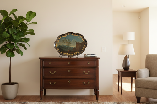 18e-eeuws Lakwerk Dienblad | Handgeschilderd Landschap | Geschulpte Rand