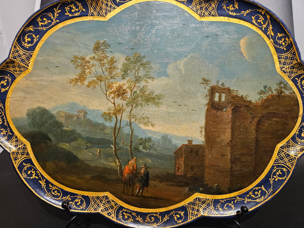 18e-eeuws Lakwerk Dienblad | Handgeschilderd Landschap | Geschulpte Rand