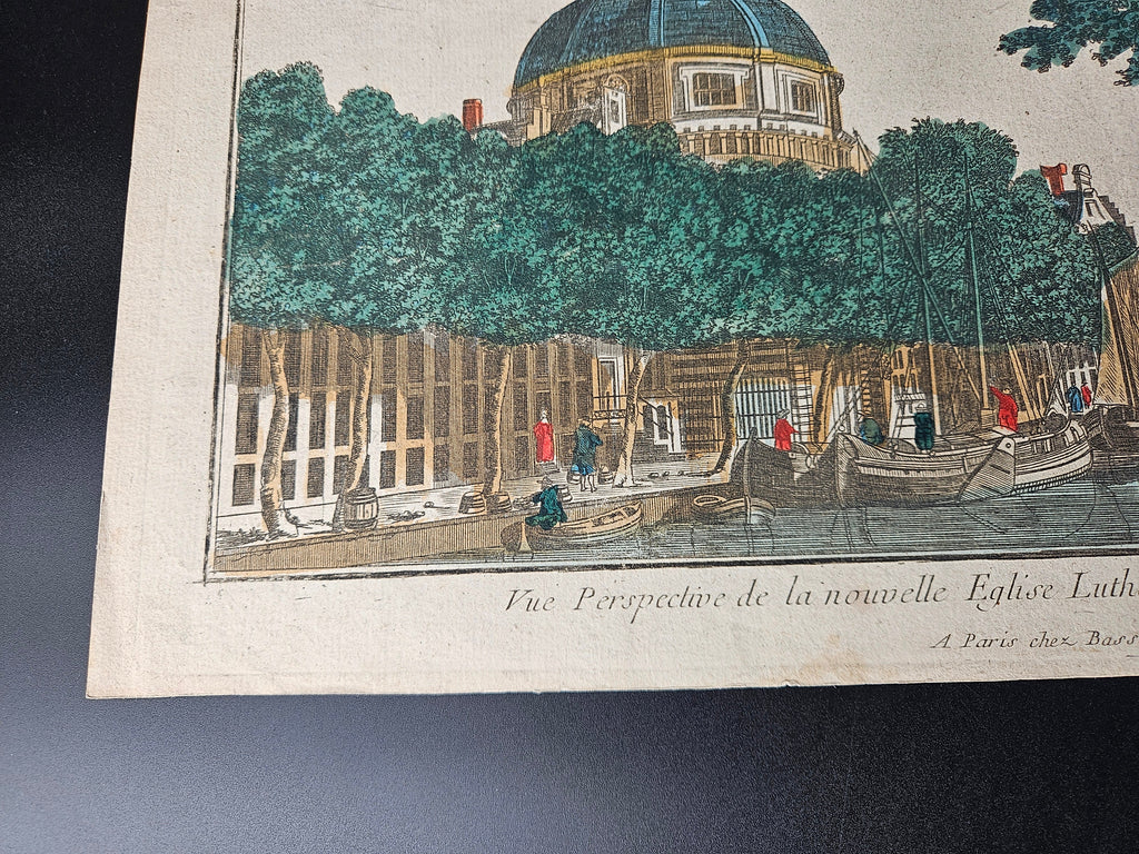 Kopergravure van de nieuwe Lutherse Kerk en de Toren van de Haringpakkers te Amsterdam