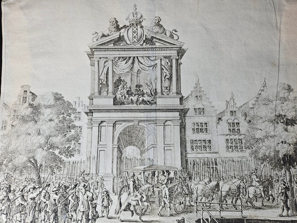 Historische Kopergravure: De Intocht van Maria de Médicis in Amsterdam (1638)