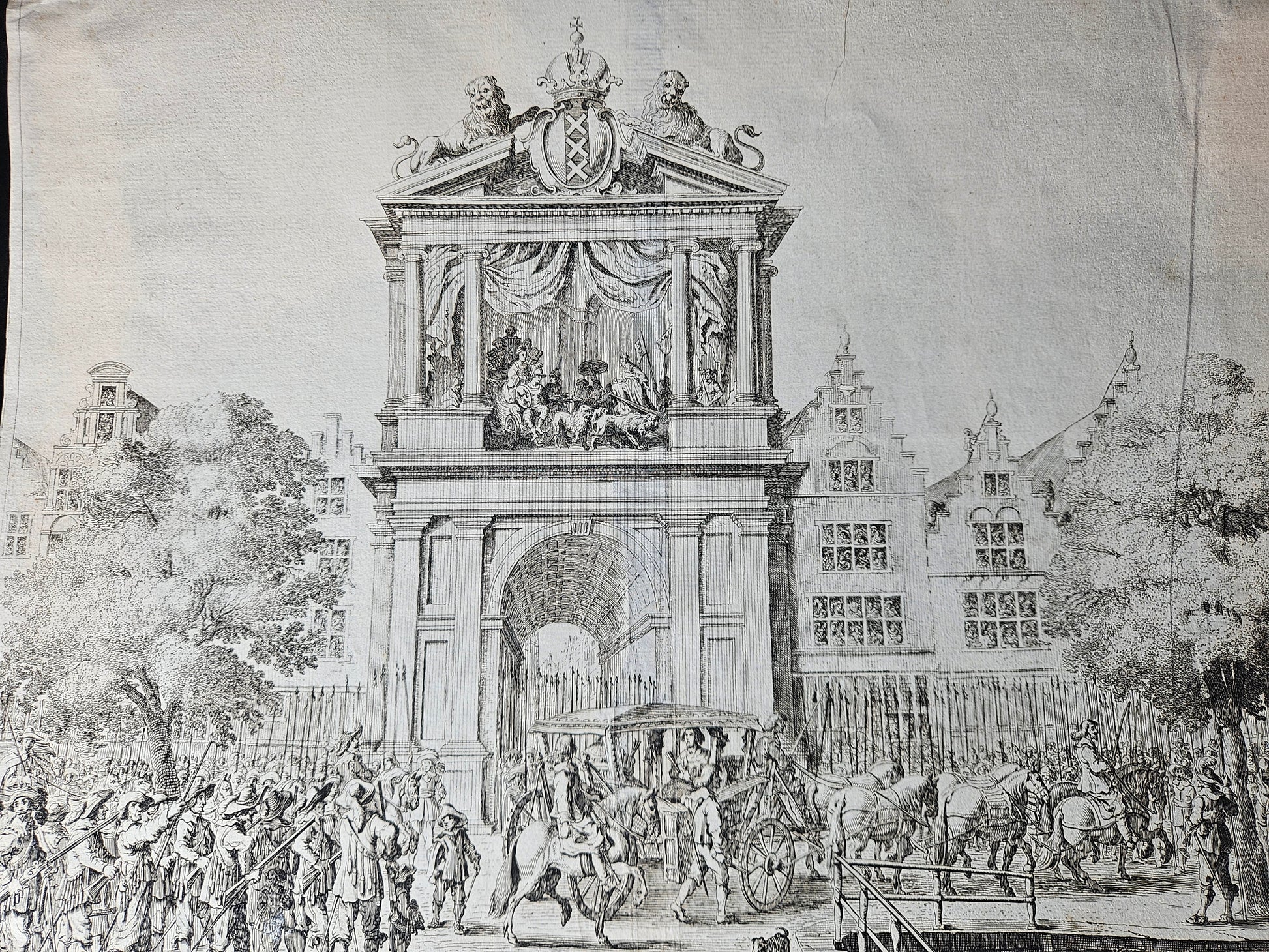 Historische Kopergravure: De Intocht van Maria de Médicis in Amsterdam (1638)