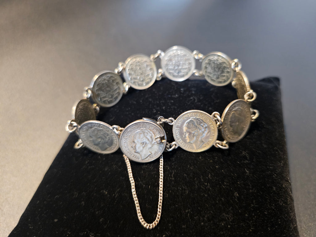 Zilveren Muntarmband met Wilhelmina Dubbeltjes - Nederlandse geschiedenis