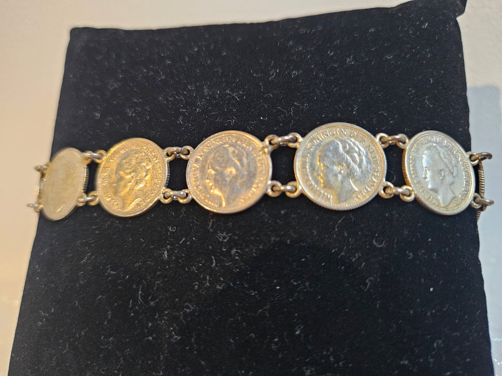 Zilveren Muntarmband met Wilhelmina Dubbeltjes - Nederlandse geschiedenis