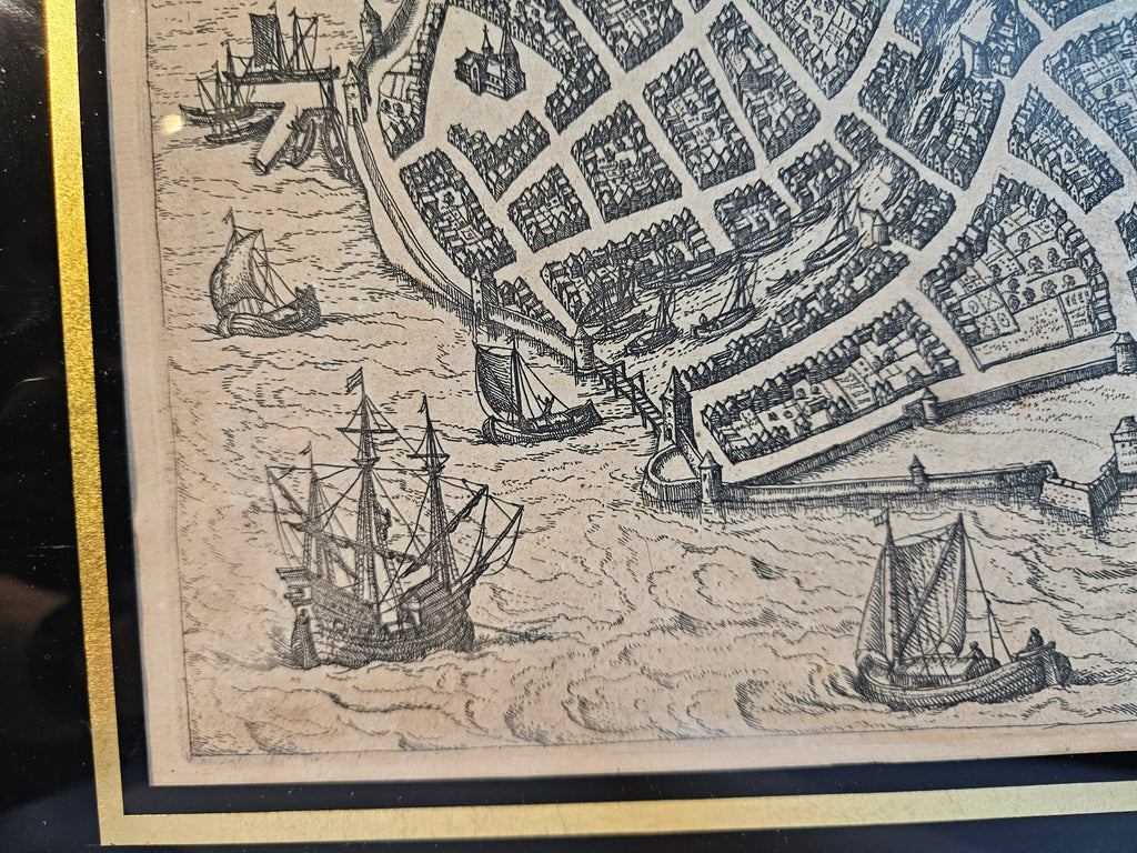 Antieke Kopergravure Stadsplattegrond Dordrecht (Zuid-Holland) door Lodovico Guicciardini, c. 1581-1613