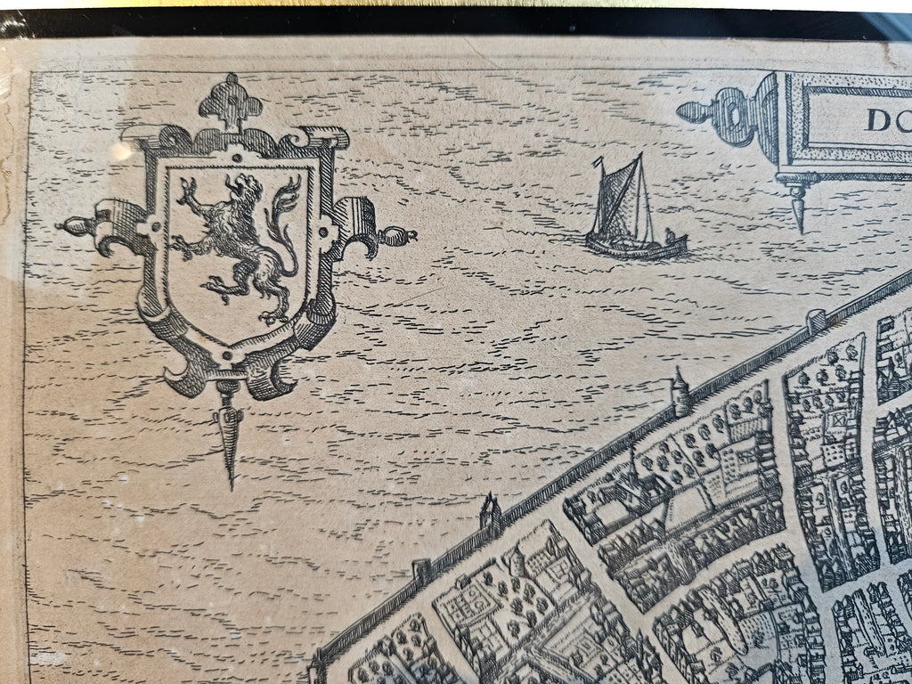 Antieke Kopergravure Stadsplattegrond Dordrecht (Zuid-Holland) door Lodovico Guicciardini, c. 1581-1613