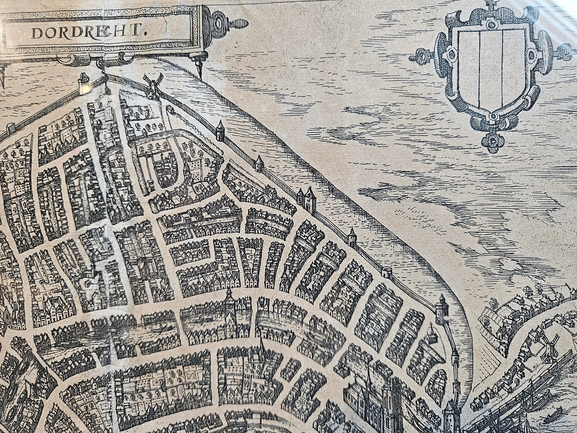 Antieke Kopergravure Stadsplattegrond Dordrecht (Zuid-Holland) door Lodovico Guicciardini, c. 1581-1613