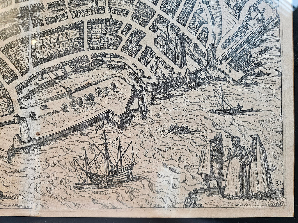 Antieke Kopergravure Stadsplattegrond Dordrecht (Zuid-Holland) door Lodovico Guicciardini, c. 1581-1613