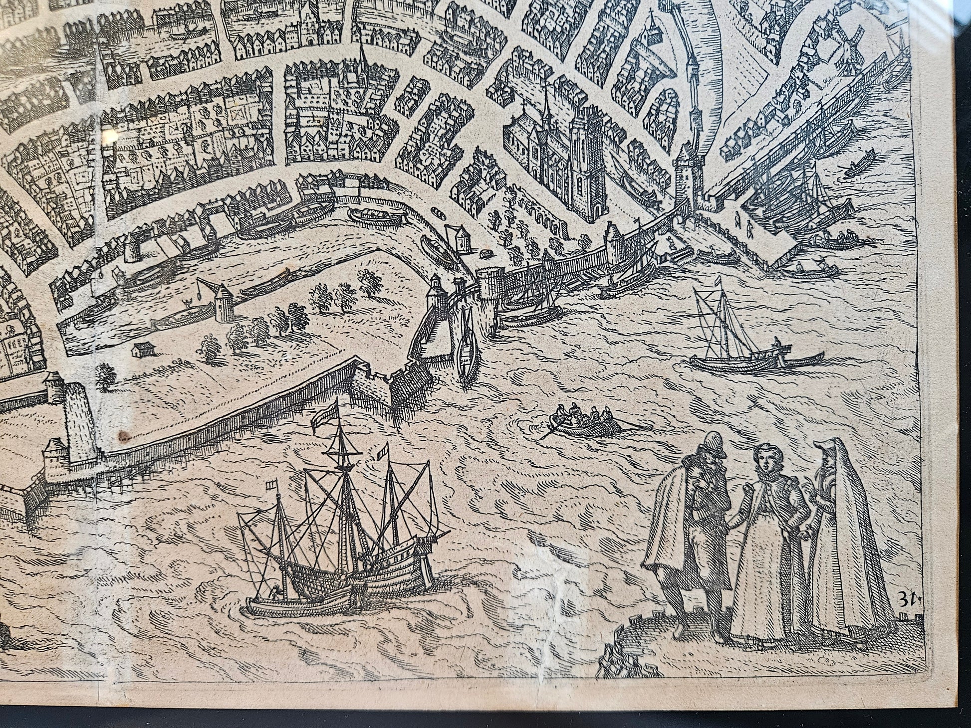 Antieke Kopergravure Stadsplattegrond Dordrecht (Zuid-Holland) door Lodovico Guicciardini, c. 1581-1613