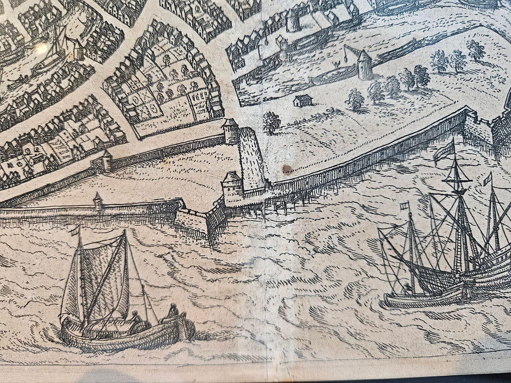 Antieke Kopergravure Stadsplattegrond Dordrecht (Zuid-Holland) door Lodovico Guicciardini, c. 1581-1613