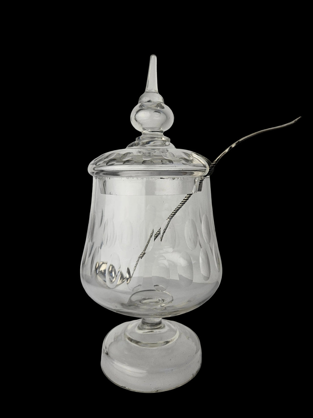 Kristallen bowlpot met deksel en Zilveren lepel – klassiek tafelobject – ca. 30 cm