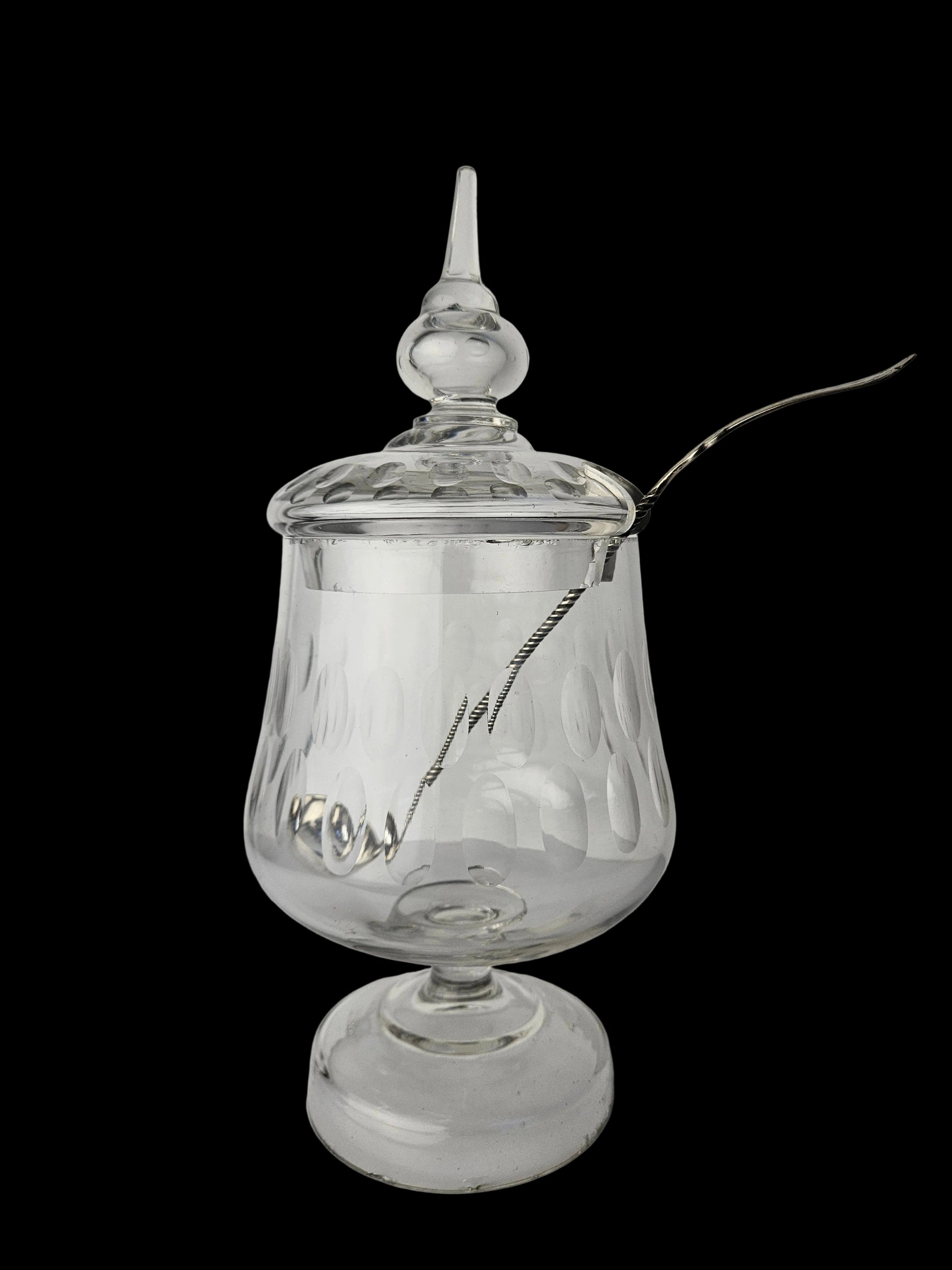 Kristallen bowlpot met deksel en Zilveren lepel – klassiek tafelobject – ca. 30 cm