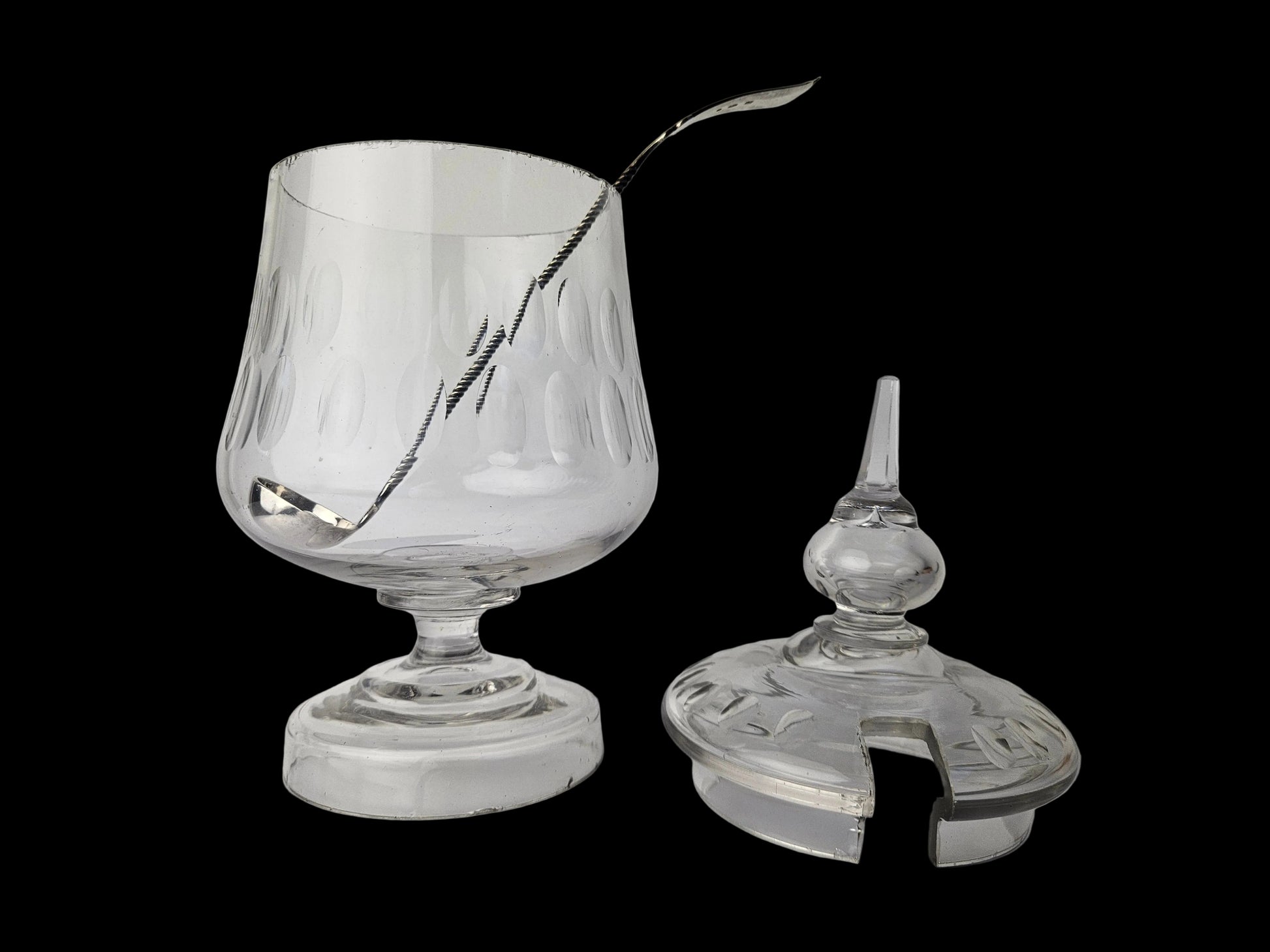 Kristallen bowlpot met deksel en Zilveren lepel – klassiek tafelobject – ca. 30 cm