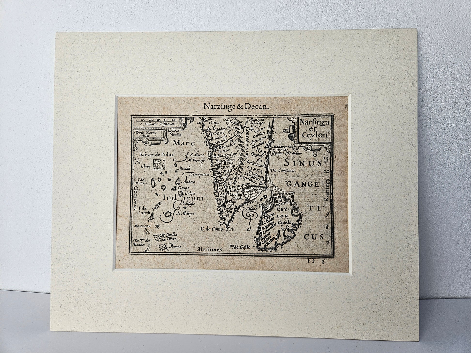 Antieke Gravure: 'Narzinge & Decan, Narfinga & Ceylon' (Zuid-India & Sri Lanka), c. 1603-1618