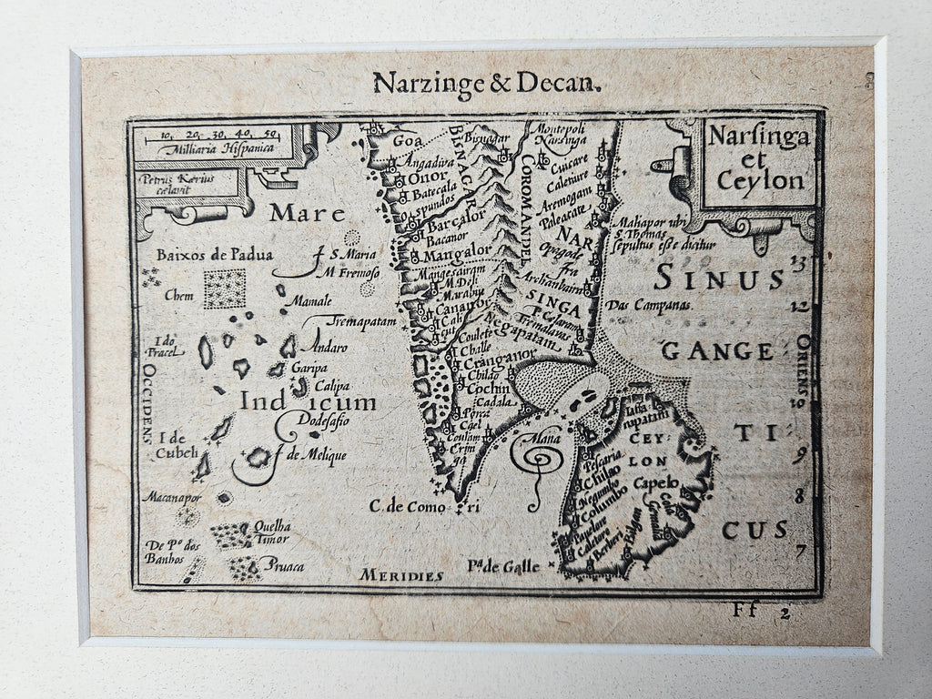 Antieke Gravure: 'Narsinga & Decan, Narfinga & Ceylon' (Zuid-India & Sri Lanka), c. 1603-1618
