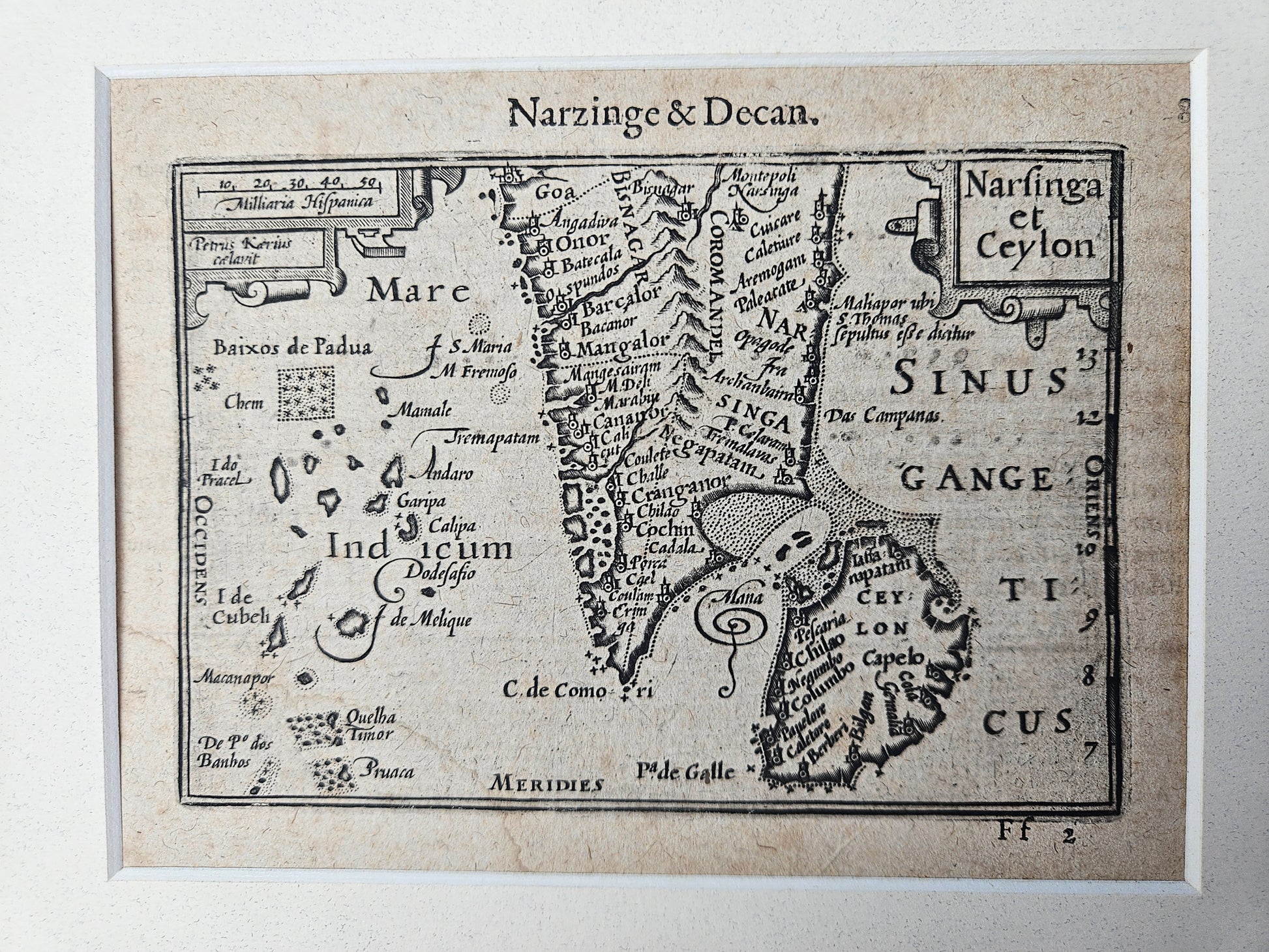 Antieke Gravure: 'Narsinga & Decan, Narfinga & Ceylon' (Zuid-India & Sri Lanka), c. 1603-1618