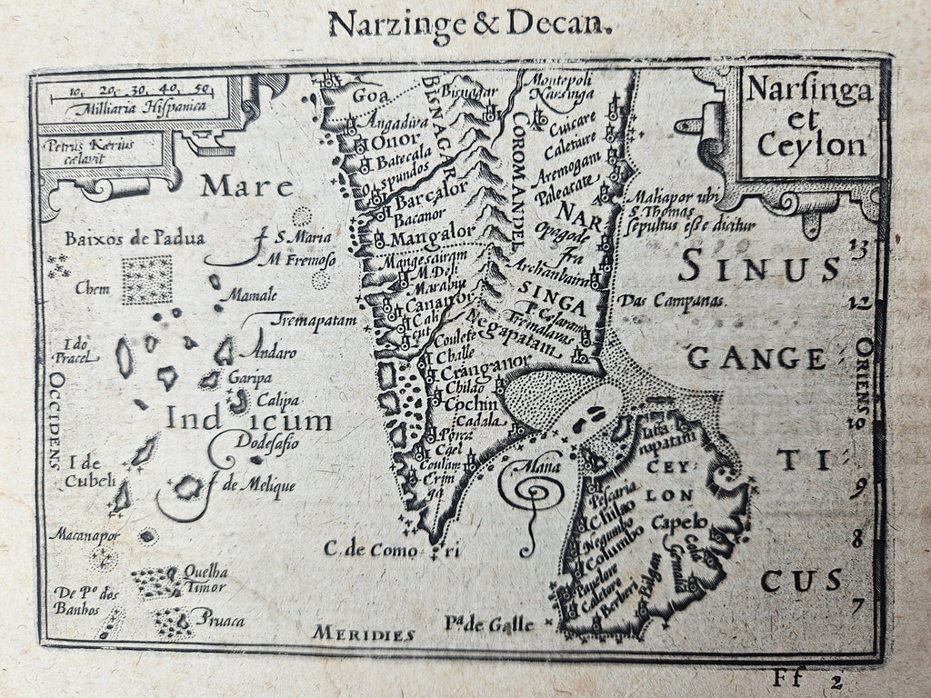 Antieke Gravure: 'Narsinga & Decan, Narfinga & Ceylon' (Zuid-India & Sri Lanka), c. 1603-1618